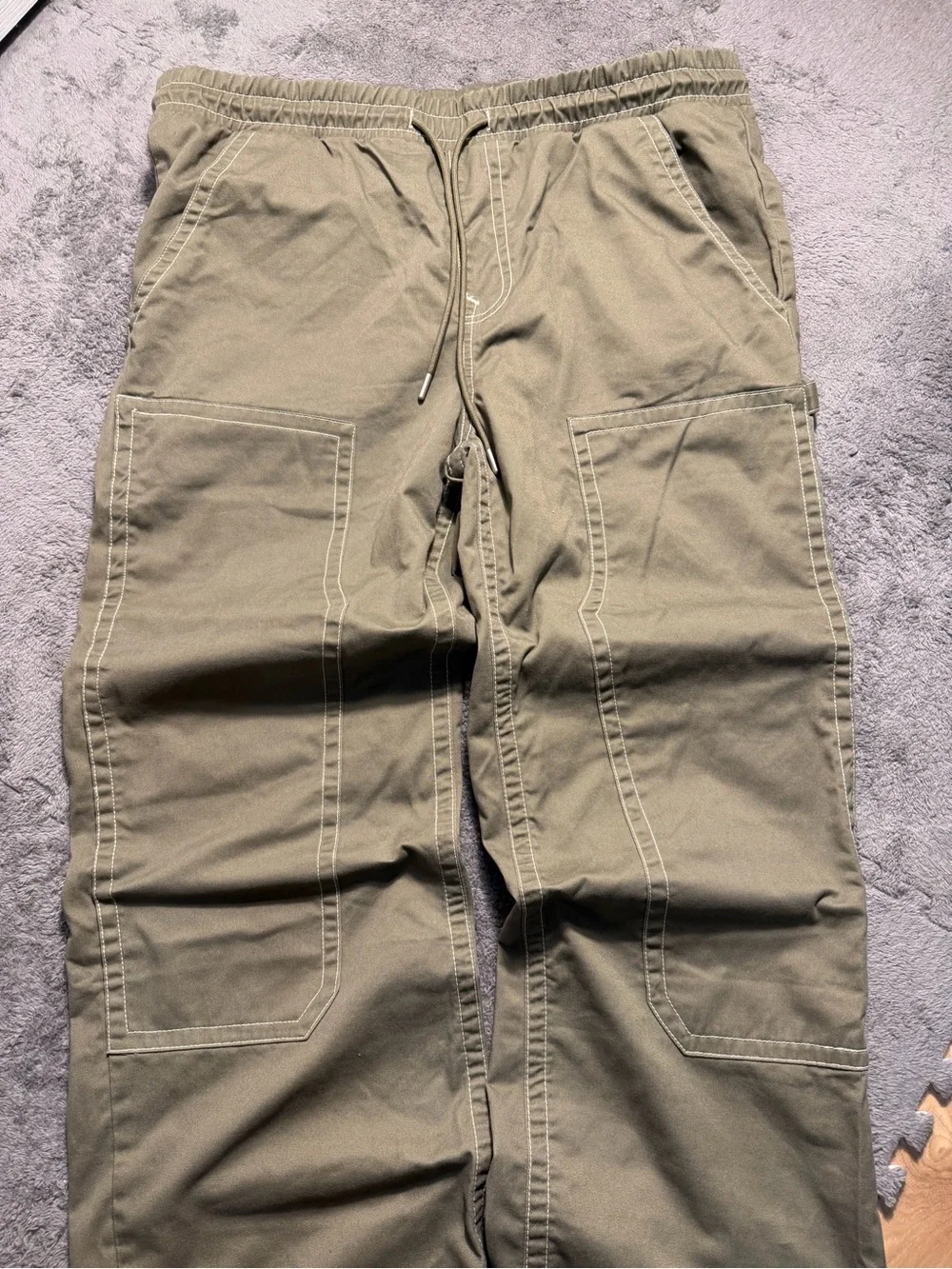 True Religion Double Knee Men's Green Carpenter Pants Baggy Drawstring Wide Leg